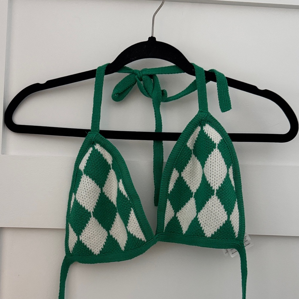 Crochet Knit Halter Triangle Top Boho Festival Crop Green White L